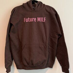 Funny "Future MILF" Brown Hoodie with Pink Lettering Gildan Medium